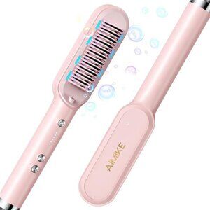 Ceramic Ionic Hair Straightener Brush – Anti-Scald, Fast Heating, S10 Pink